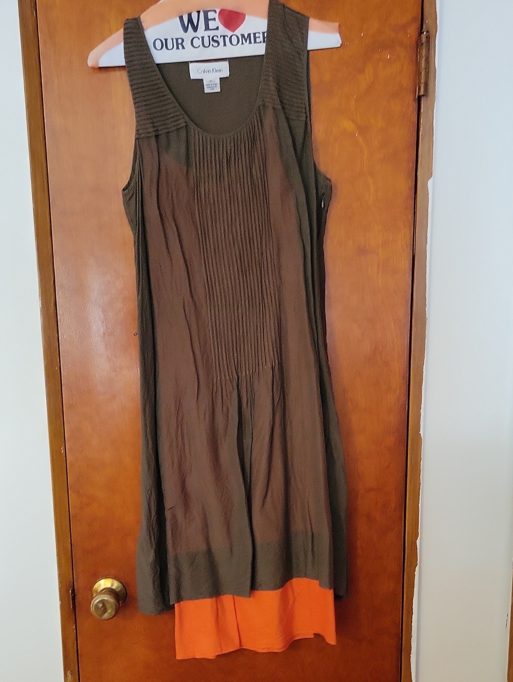 Calvin Klein Olive and Orange Sleeveless Pleated Midi Dress